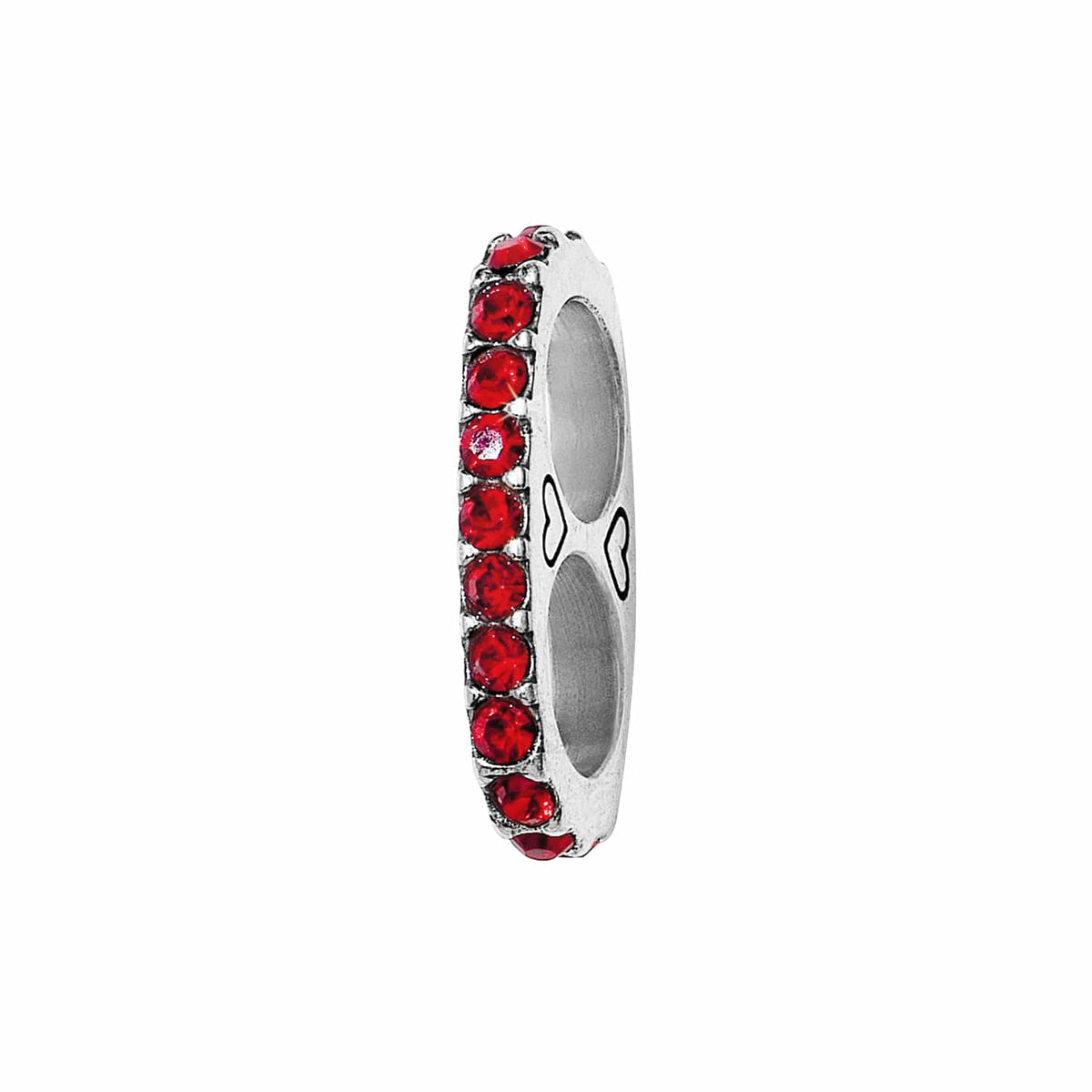 Brighton spacer charm side view with row of red crystals and silver-plated finish on a white background
