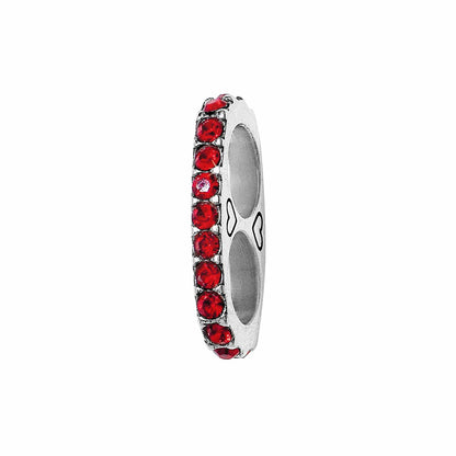 Brighton spacer charm side view with row of red crystals and silver-plated finish on a white background