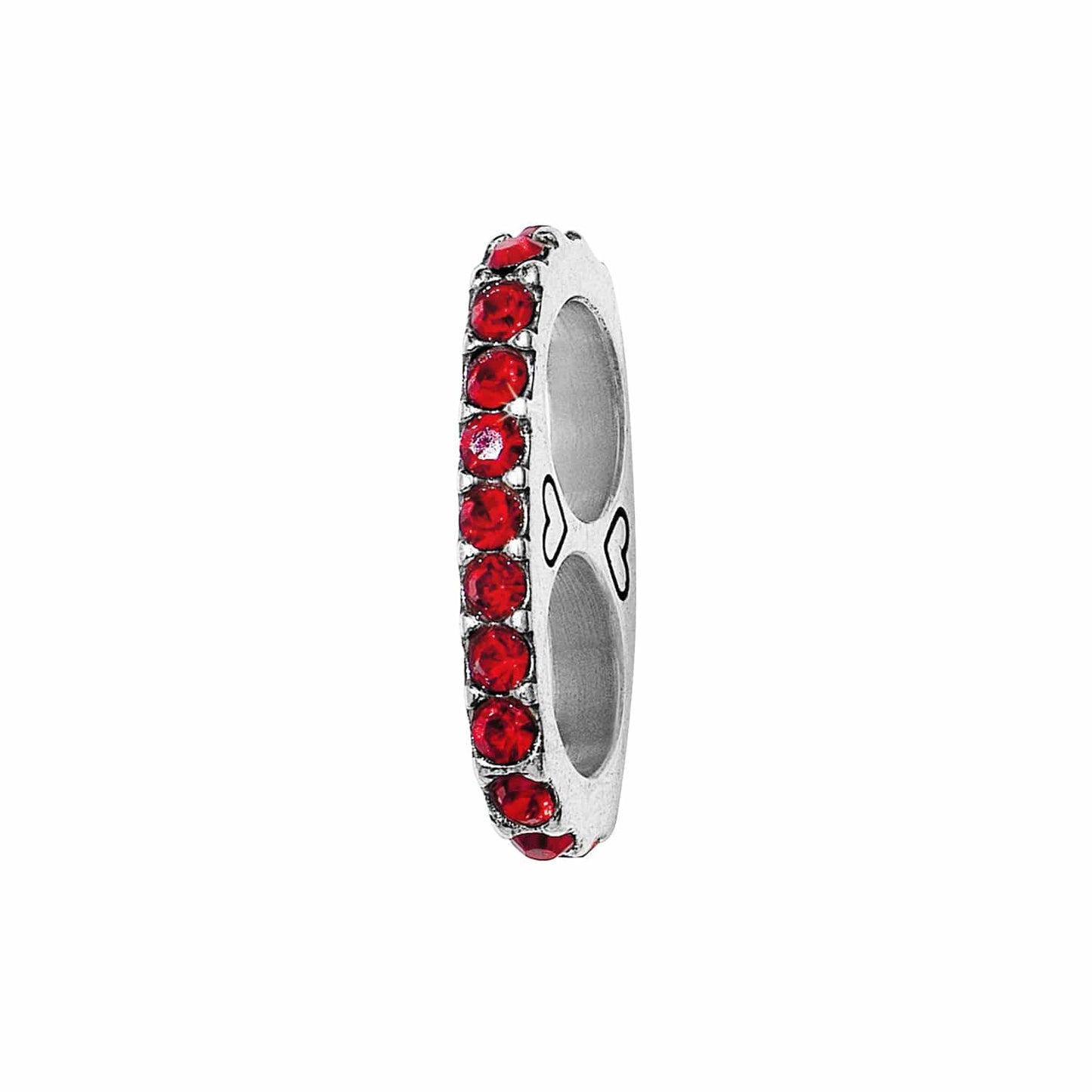 Brighton spacer charm side view with row of red crystals and silver-plated finish on a white background