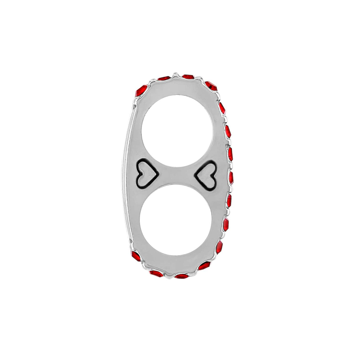 Brighton double ring with silver-plated finish, red crystal border, and small heart accents on a white background
