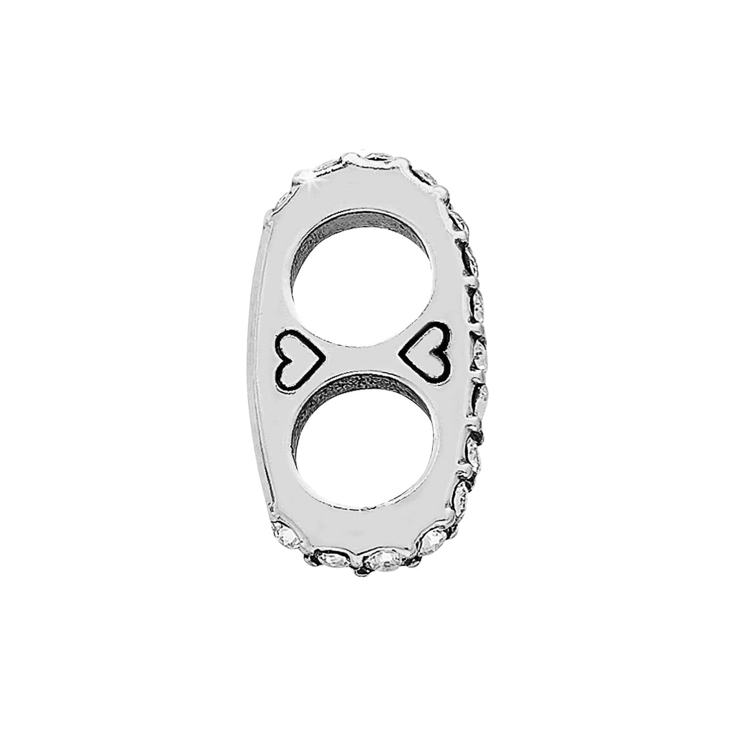 Brighton silver-plated charm with two circular openings, heart cutouts, and crystal-set edge on a white background