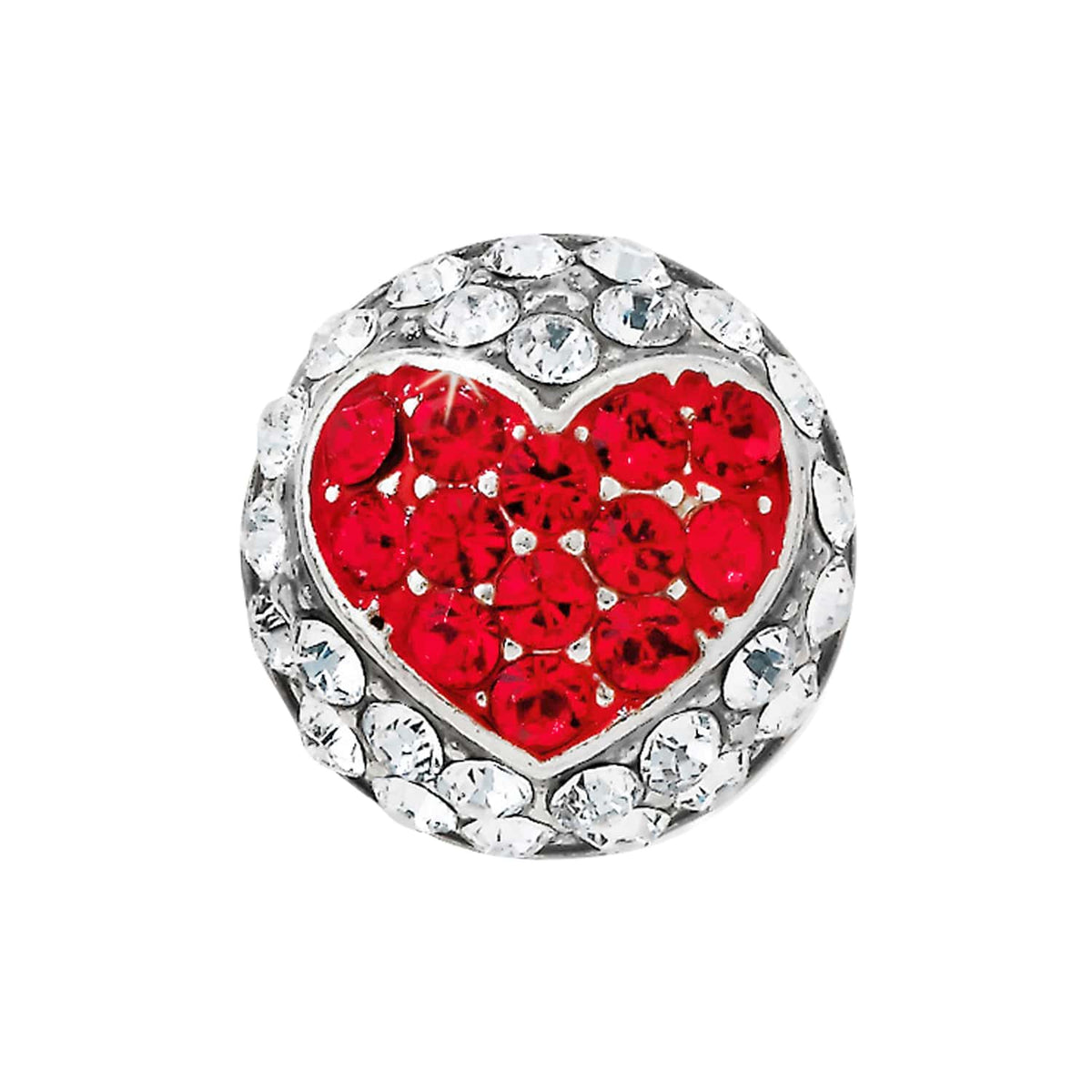 Brighton charm with red crystal heart center surrounded by clear crystals and silver-plated finish on a white background