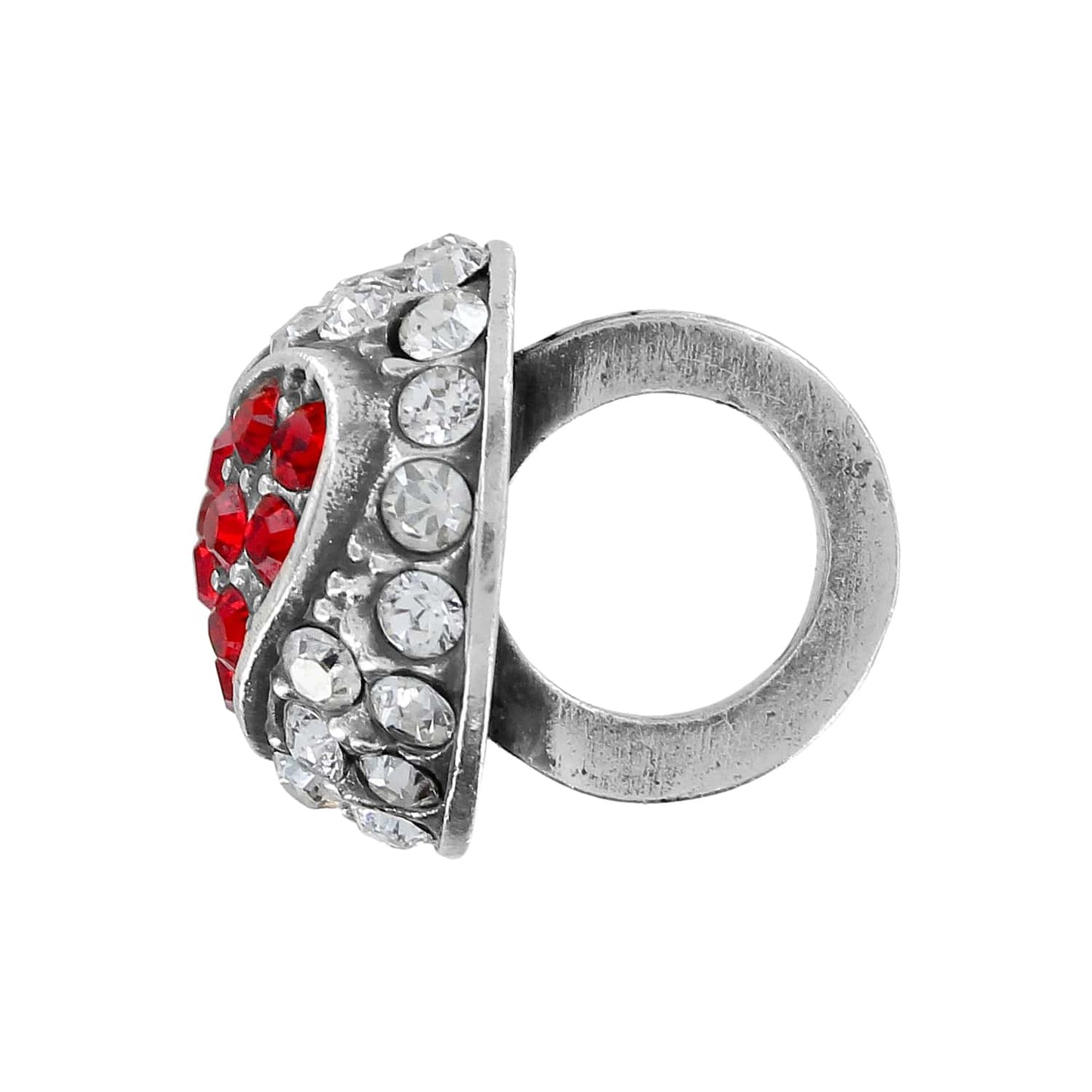 Brighton ring with red and clear crystal domed top and silver-plated band on a white background
