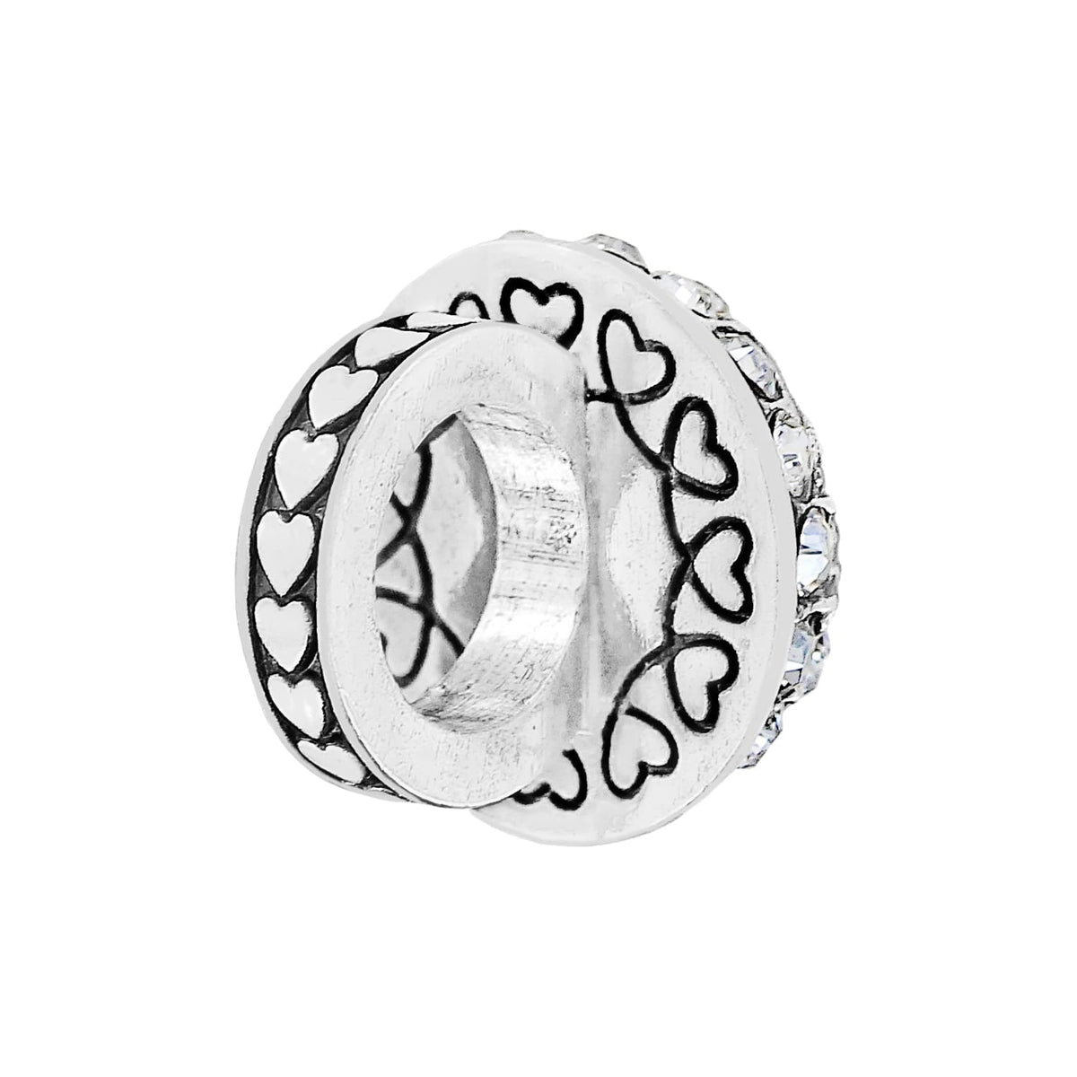 Brighton silver-plated spacer charm with heart motifs and crystal-set band shown from the side on a white background
