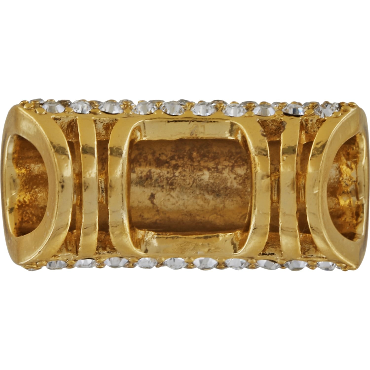 Brighton gold-tone tube spacer bead with cutout window design and crystal-lined edges on a white background