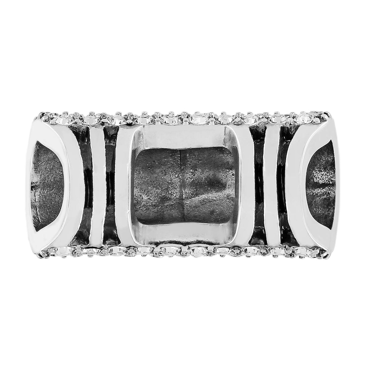 Brighton ring with silver-tone band, dark recessed panels, and crystal-lined edges shown from above on a white background