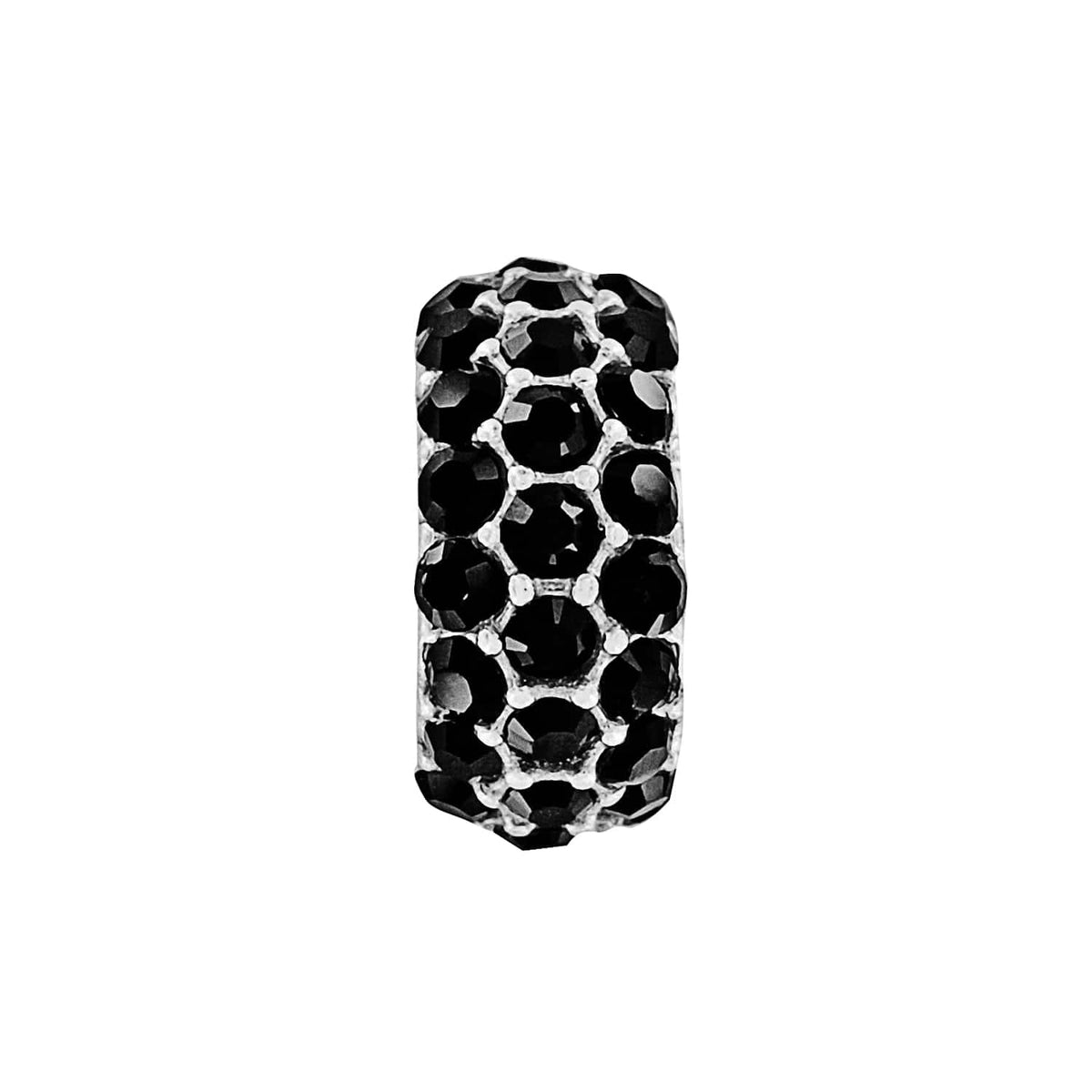 Brighton charm bead with black crystals set in silver-plated metal in a cylindrical shape on a white background