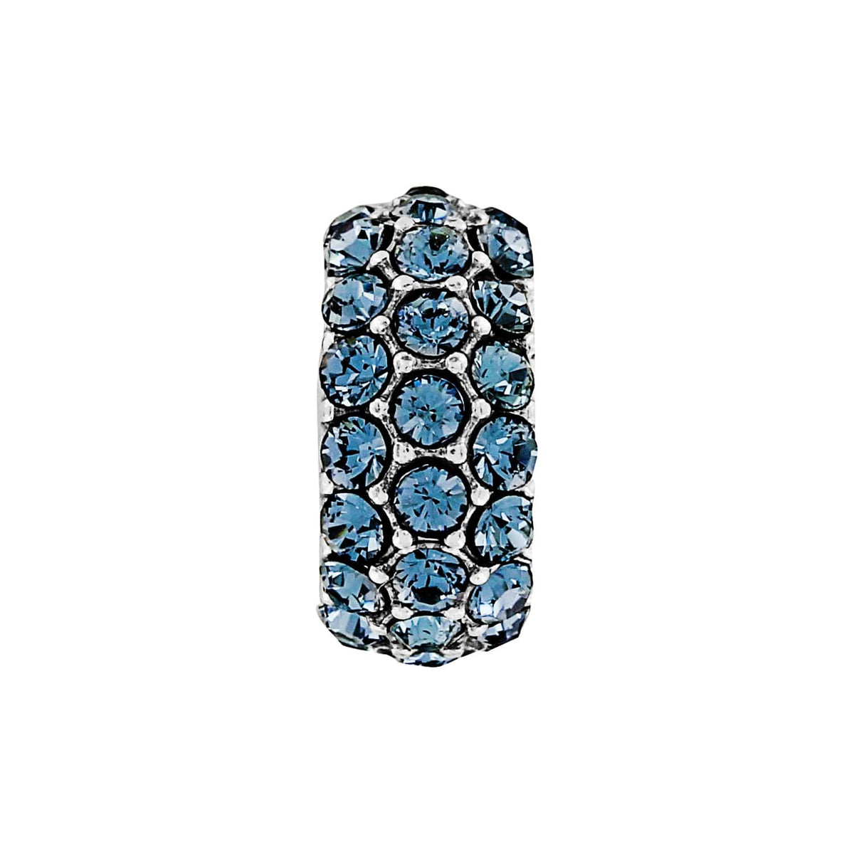 Brighton charm bead with blue fine quality crystals set in silver-plated finish on a white background