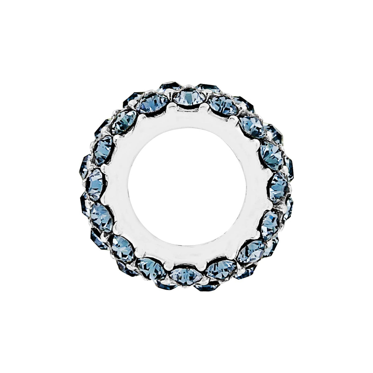 Brighton spacer bead with blue crystals set around a silver-plated band on a white background