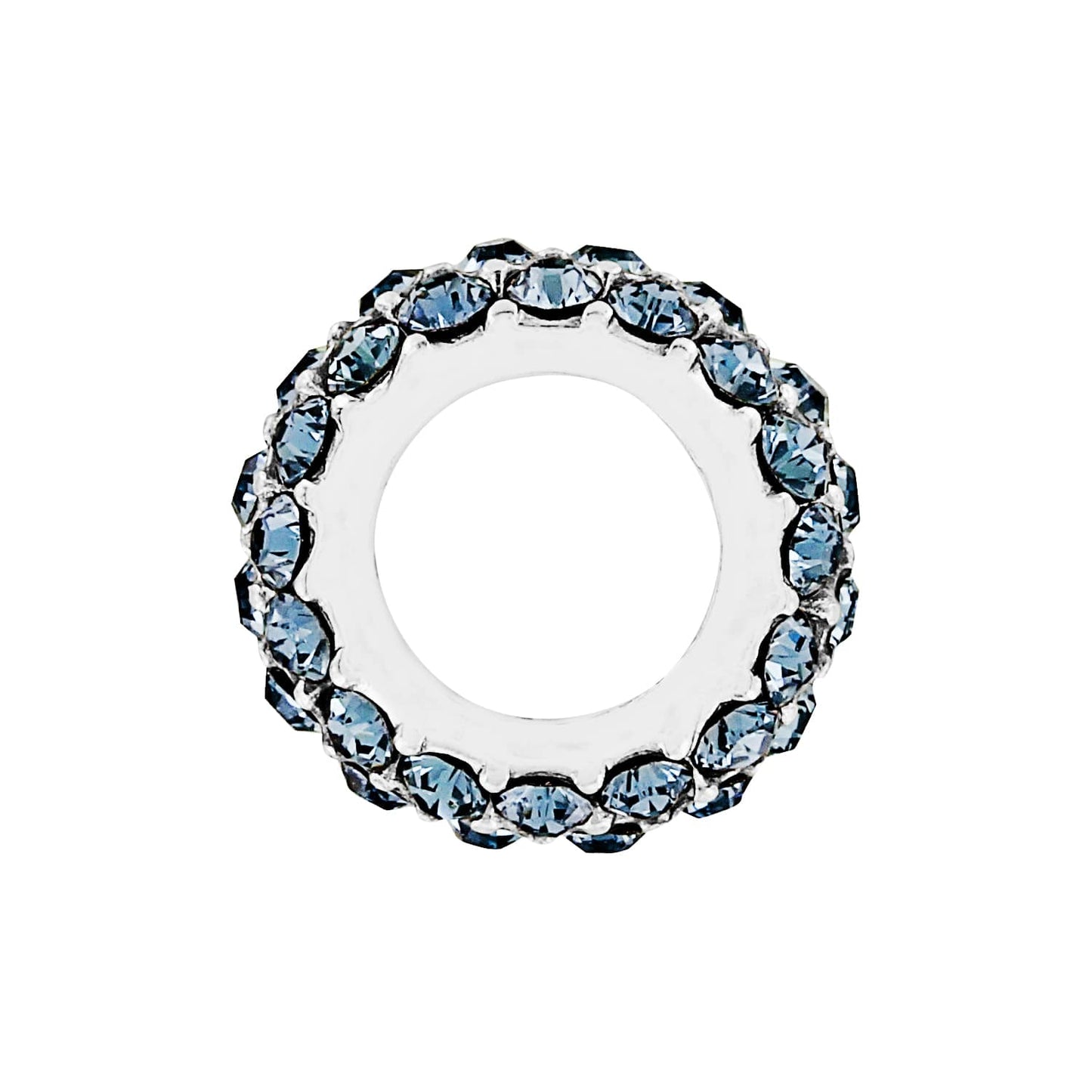 Brighton spacer bead with blue crystals set around a silver-plated band on a white background