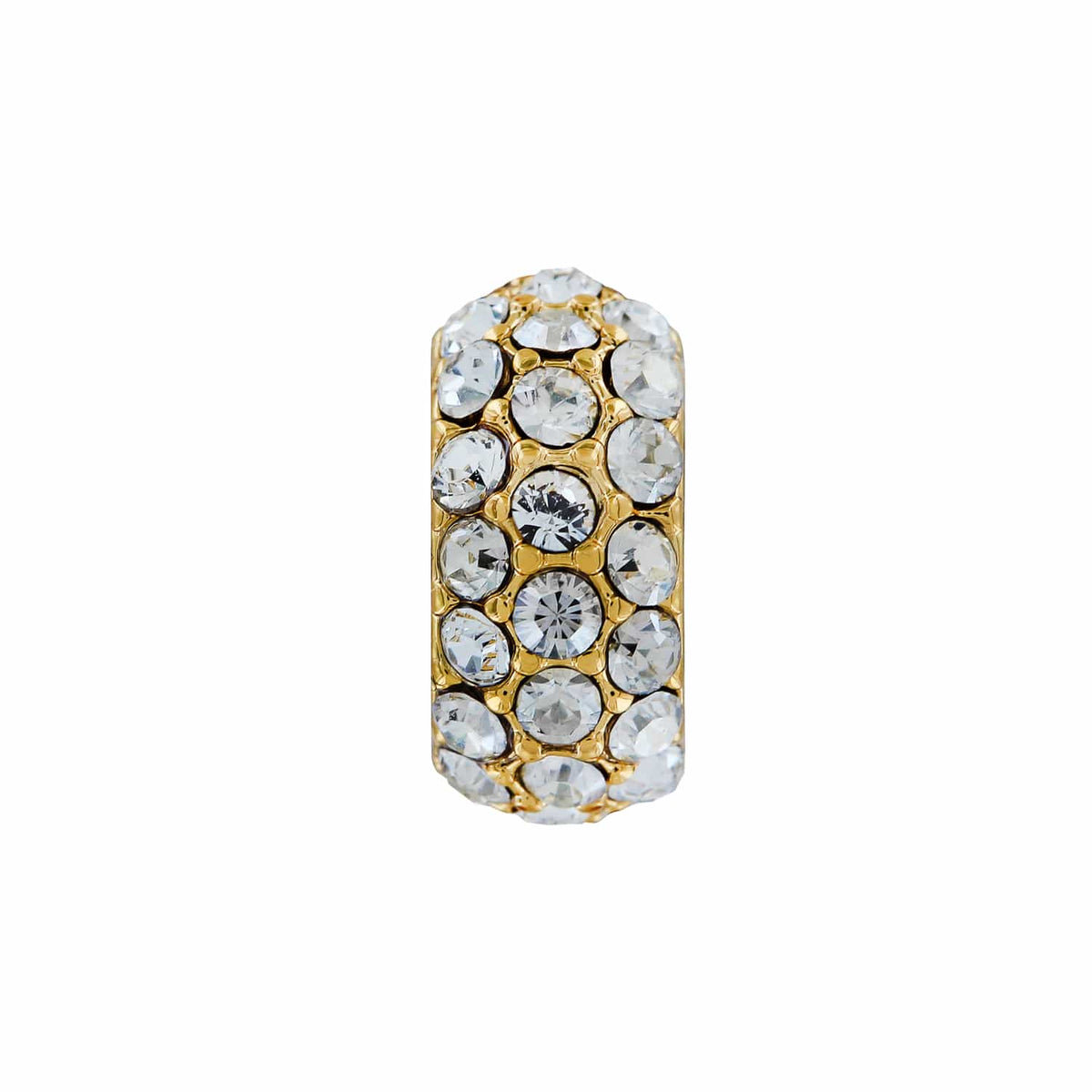 Brighton charm bead with pavé crystals set in gold-tone metal in a barrel shape on a white background