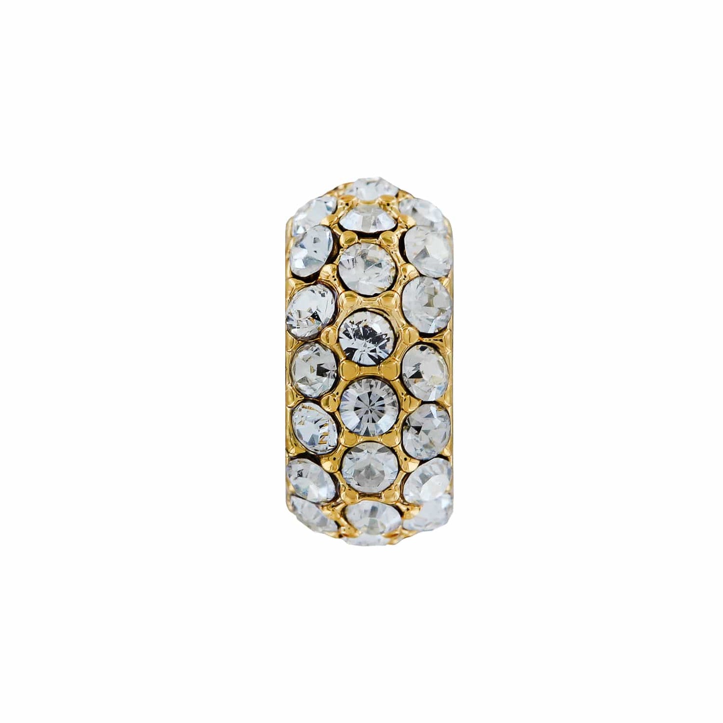 Brighton charm bead with pavé crystals set in gold-tone metal in a barrel shape on a white background