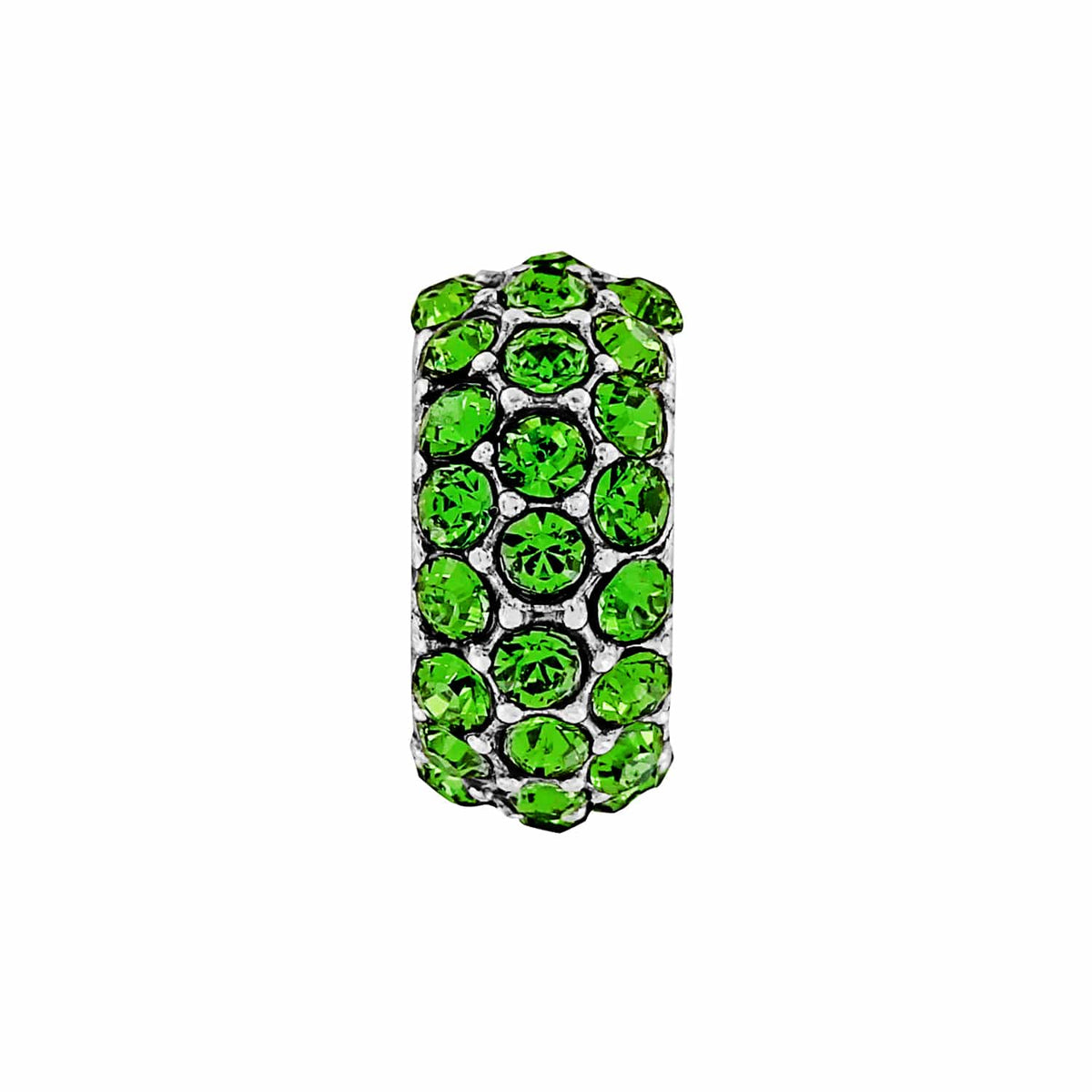 Brighton charm bead with green crystals set in silver-plated metal in a pavé pattern on a white background