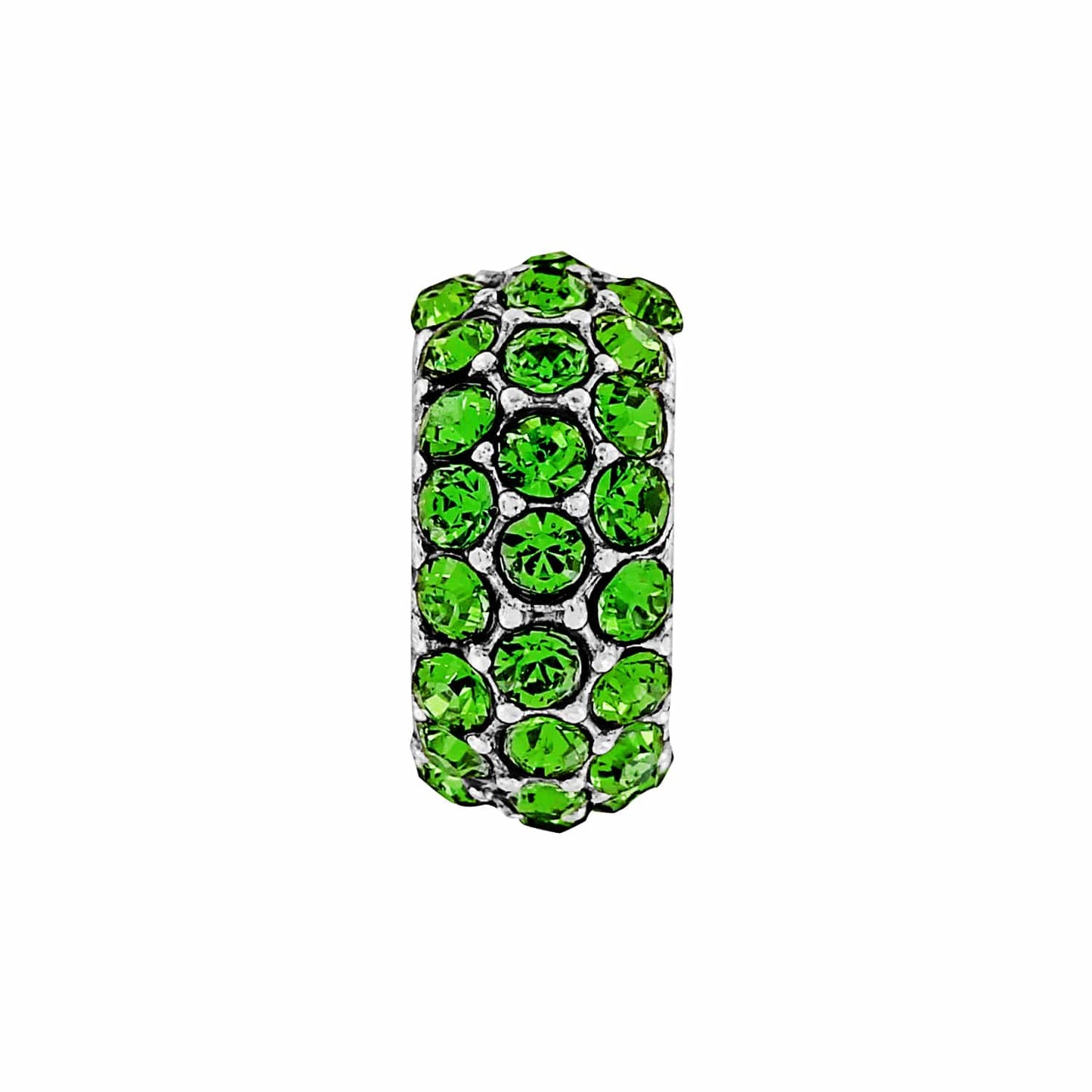 Brighton charm bead with green crystals set in silver-plated metal in a pavé pattern on a white background