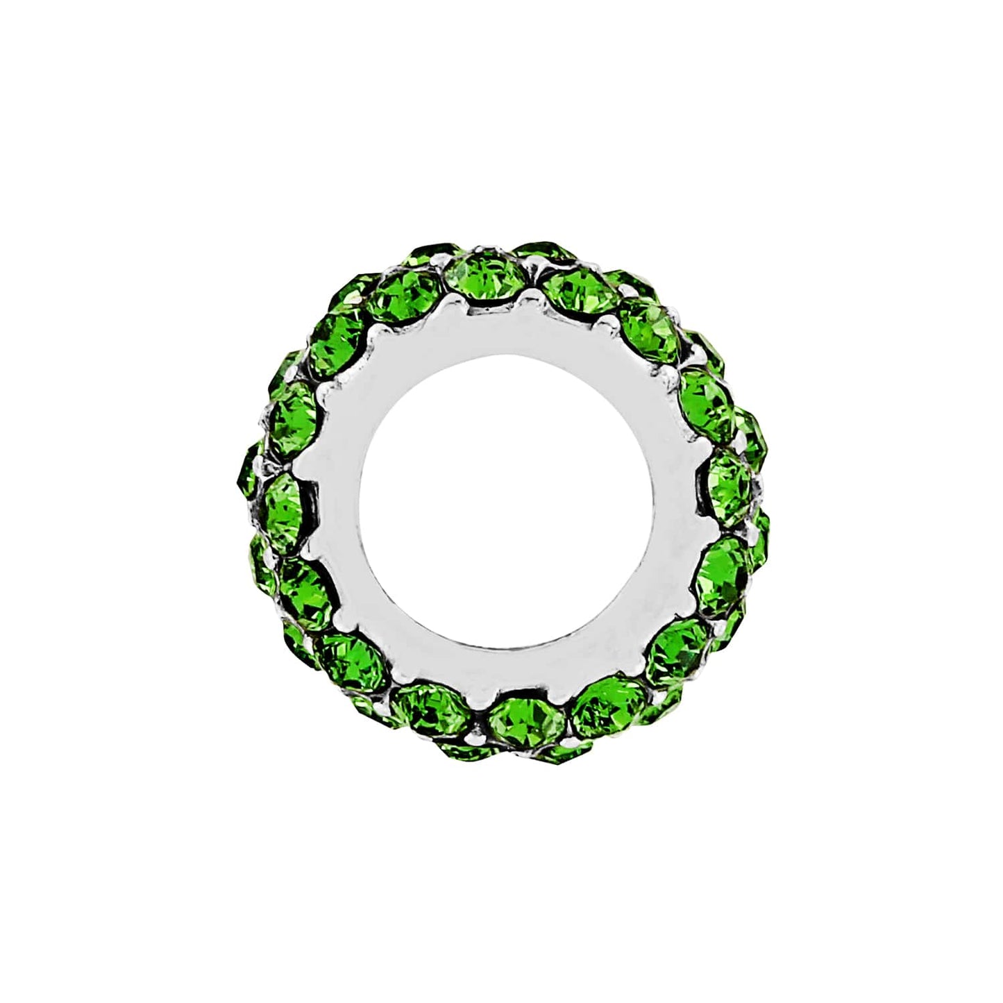 Brighton spacer charm with green crystals set in silver-plated band shown from the side on a white background