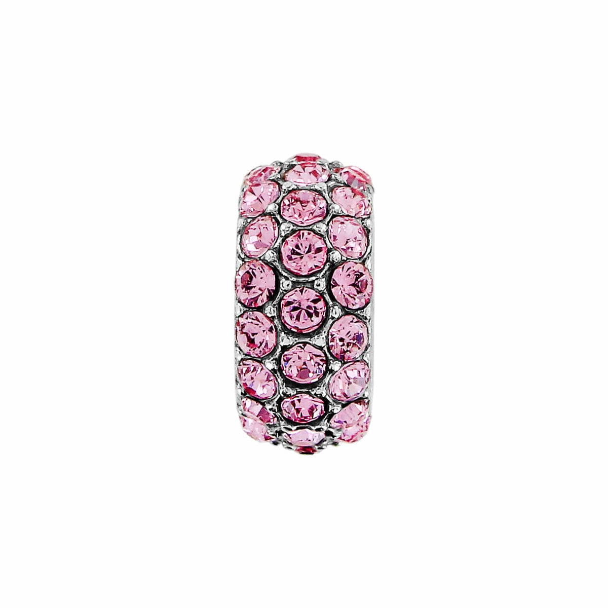 Brighton charm bead with pavé pink crystals and silver-plated finish on a white background
