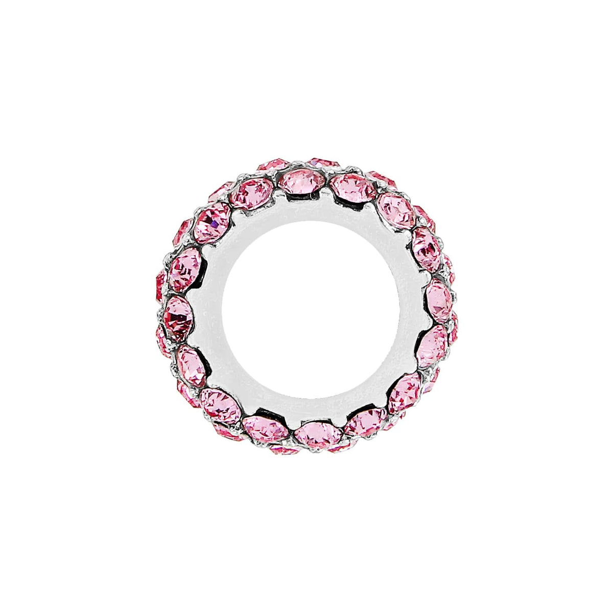 Brighton ring with pink crystals set around silver-plated band, shown from the side on a white background