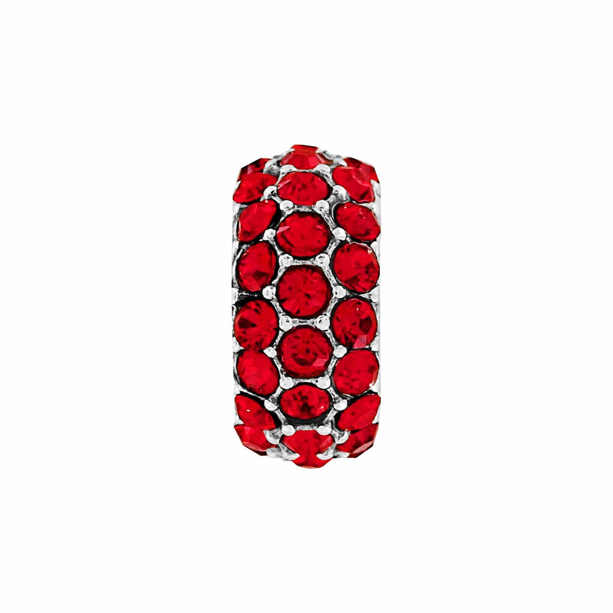 Brighton charm bead with red crystals set in silver-plated metal on a white background