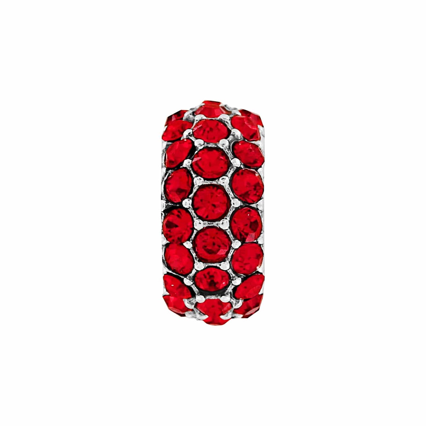 Brighton charm bead with red crystals set in silver-plated metal on a white background