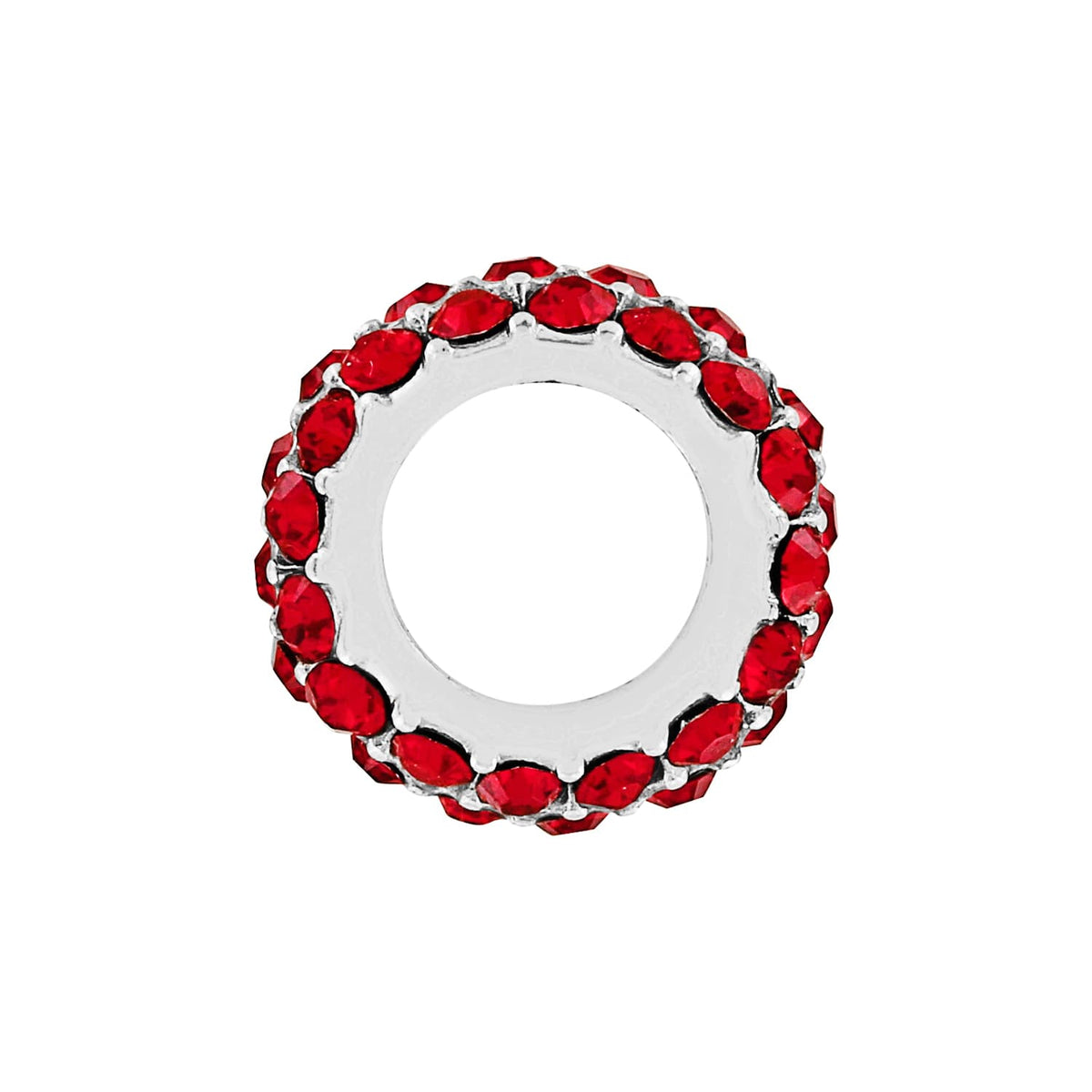 Brighton spacer charm with red crystals set around a silver-plated band shown from the side on a white background