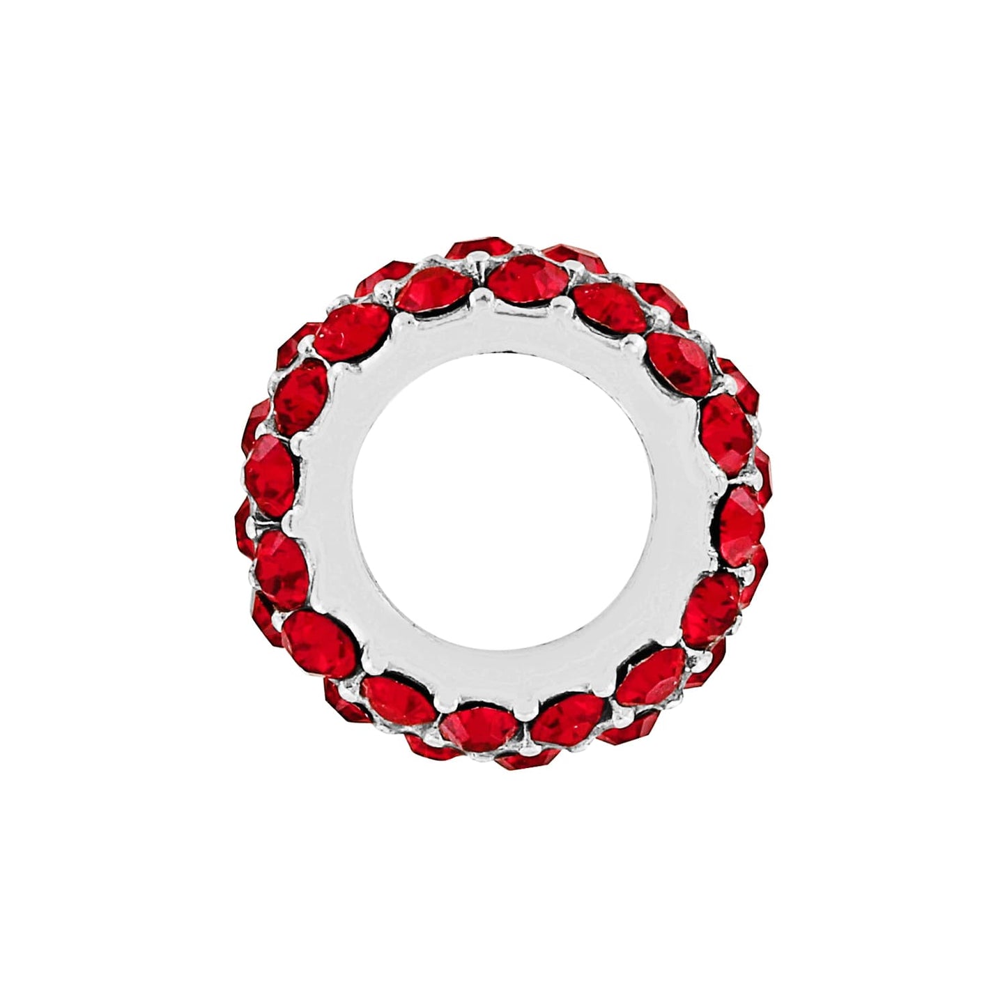 Brighton spacer charm with red crystals set around a silver-plated band shown from the side on a white background