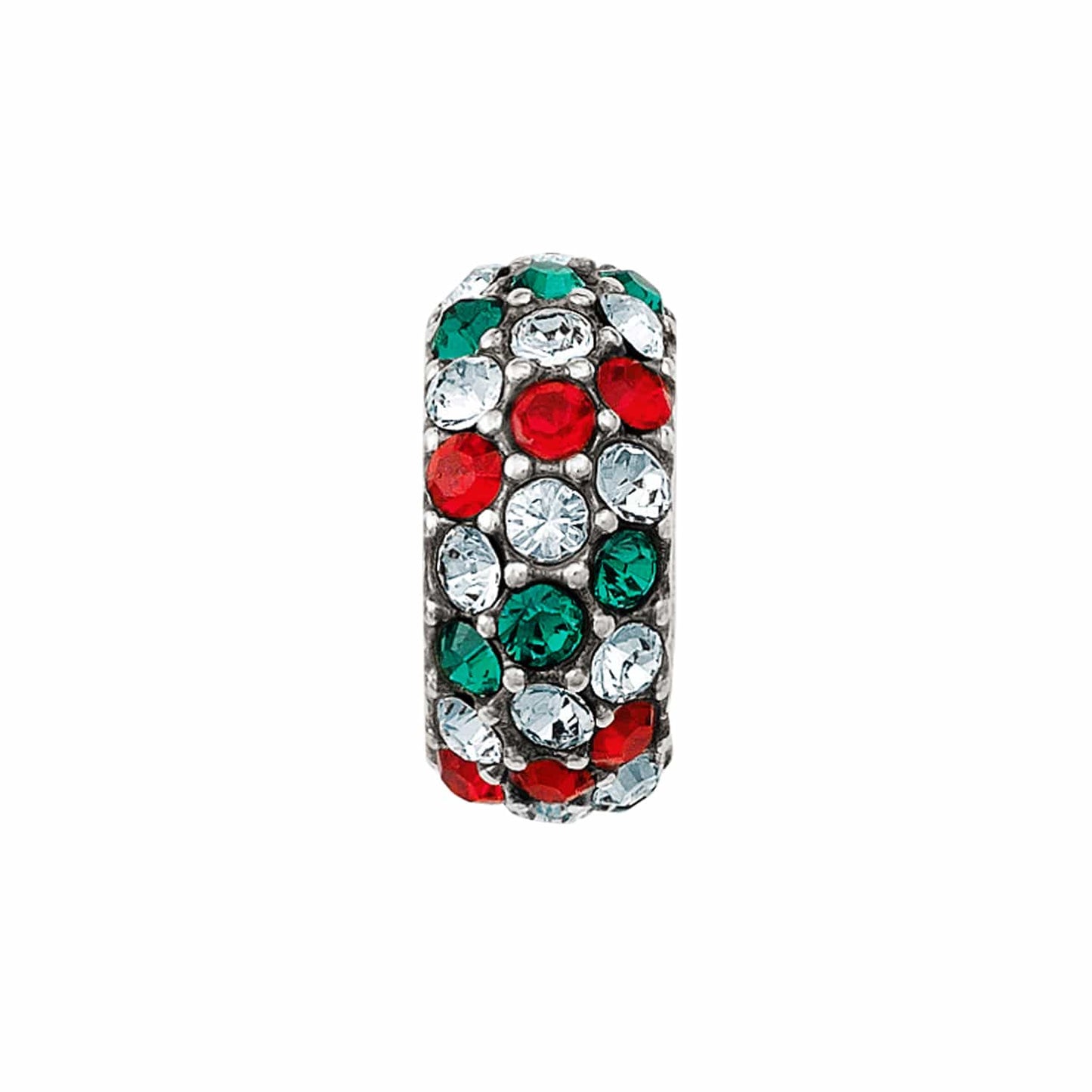 Brighton charm bead with red, green, and clear crystals in silver-plated setting on a white background