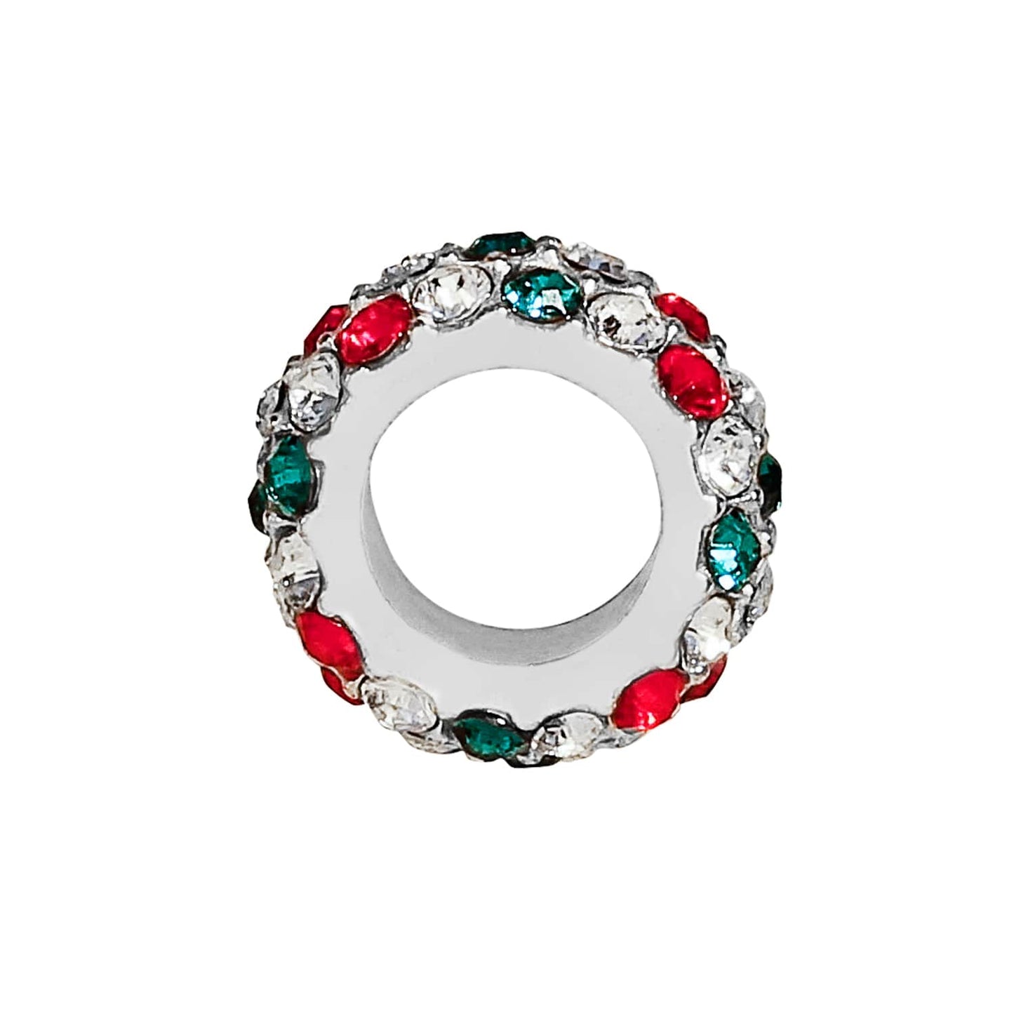 Brighton spacer charm with red, green, and clear crystals in silver-plated setting on a white background