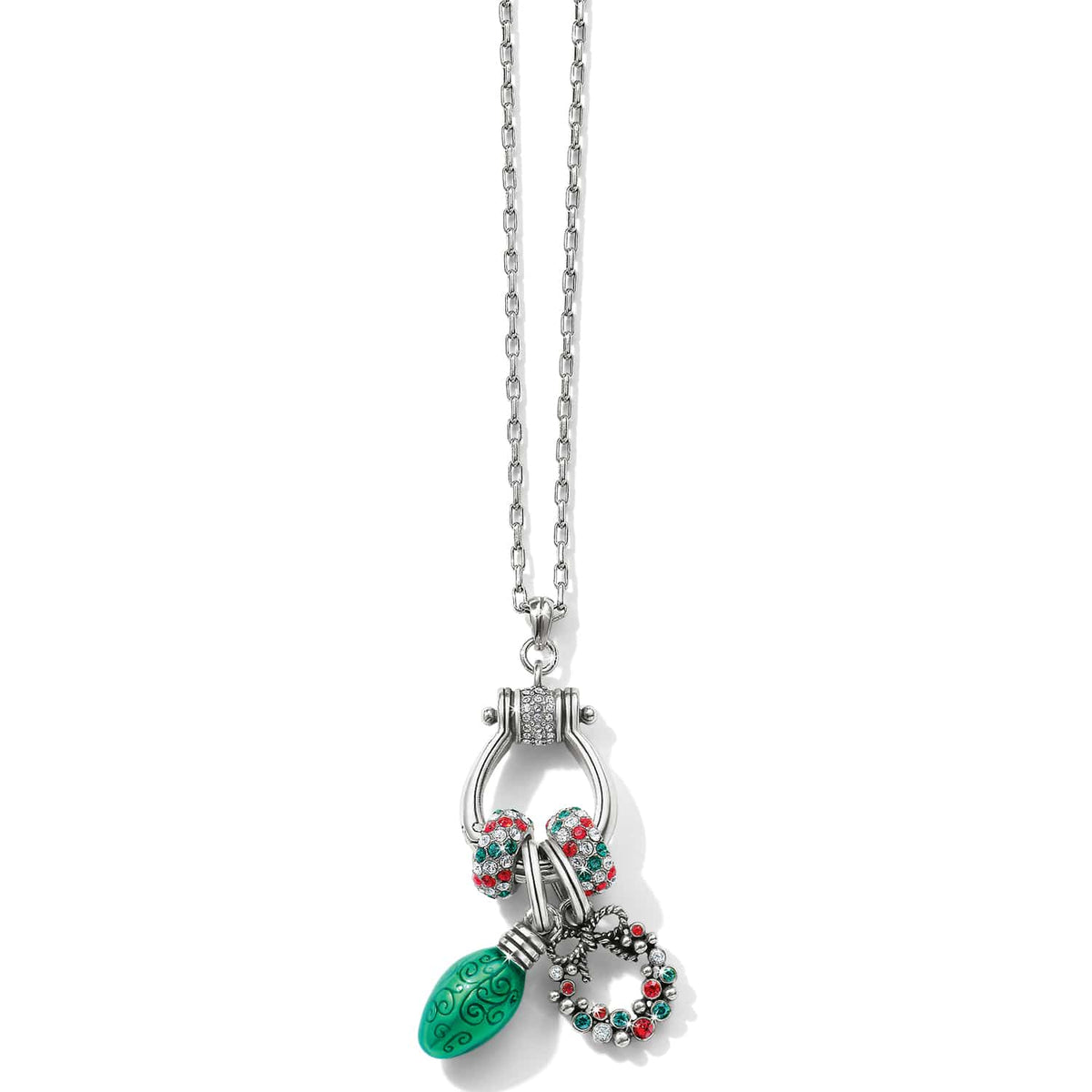 Brighton charm necklace with silver-plated ring holder, crystal beads, green light bulb, and wreath charm on a white background