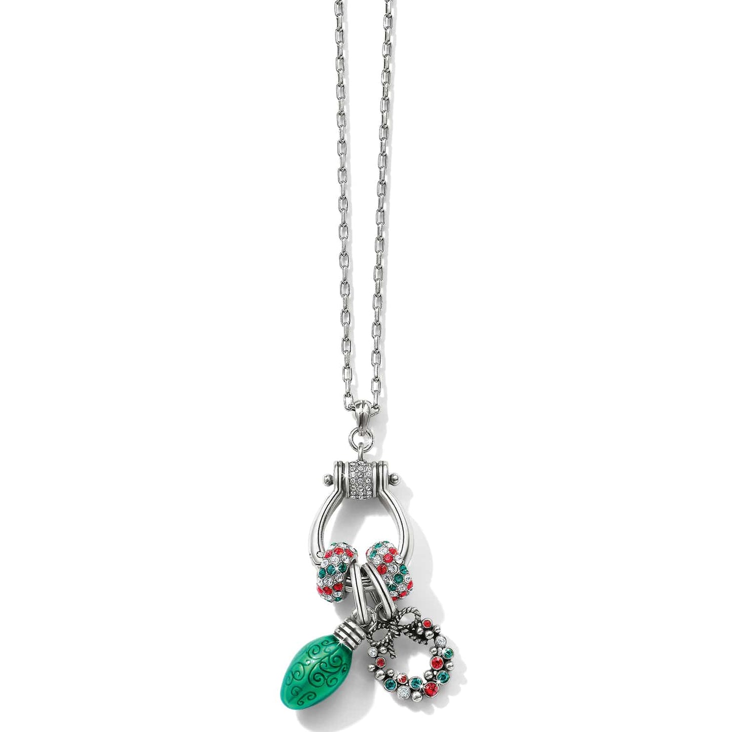 Brighton charm necklace with silver-plated ring holder, crystal beads, green light bulb, and wreath charm on a white background