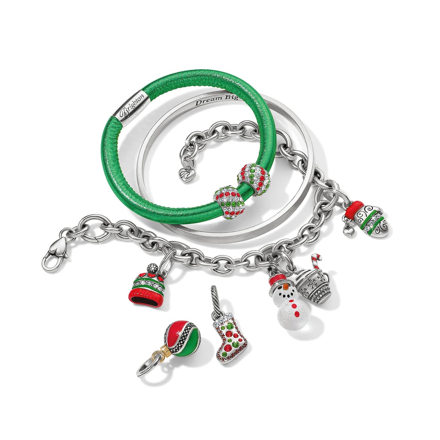 Brighton silver-plated charm bracelets styled with green leather bangle and holiday crystal charms on a white background