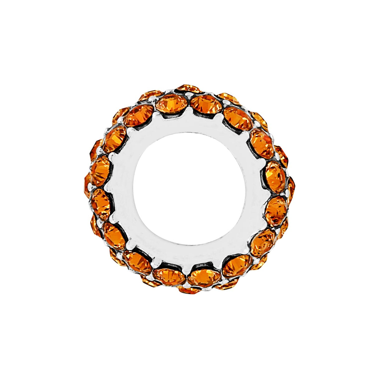 Brighton charm with orange crystals set around a silver-plated band on a white background