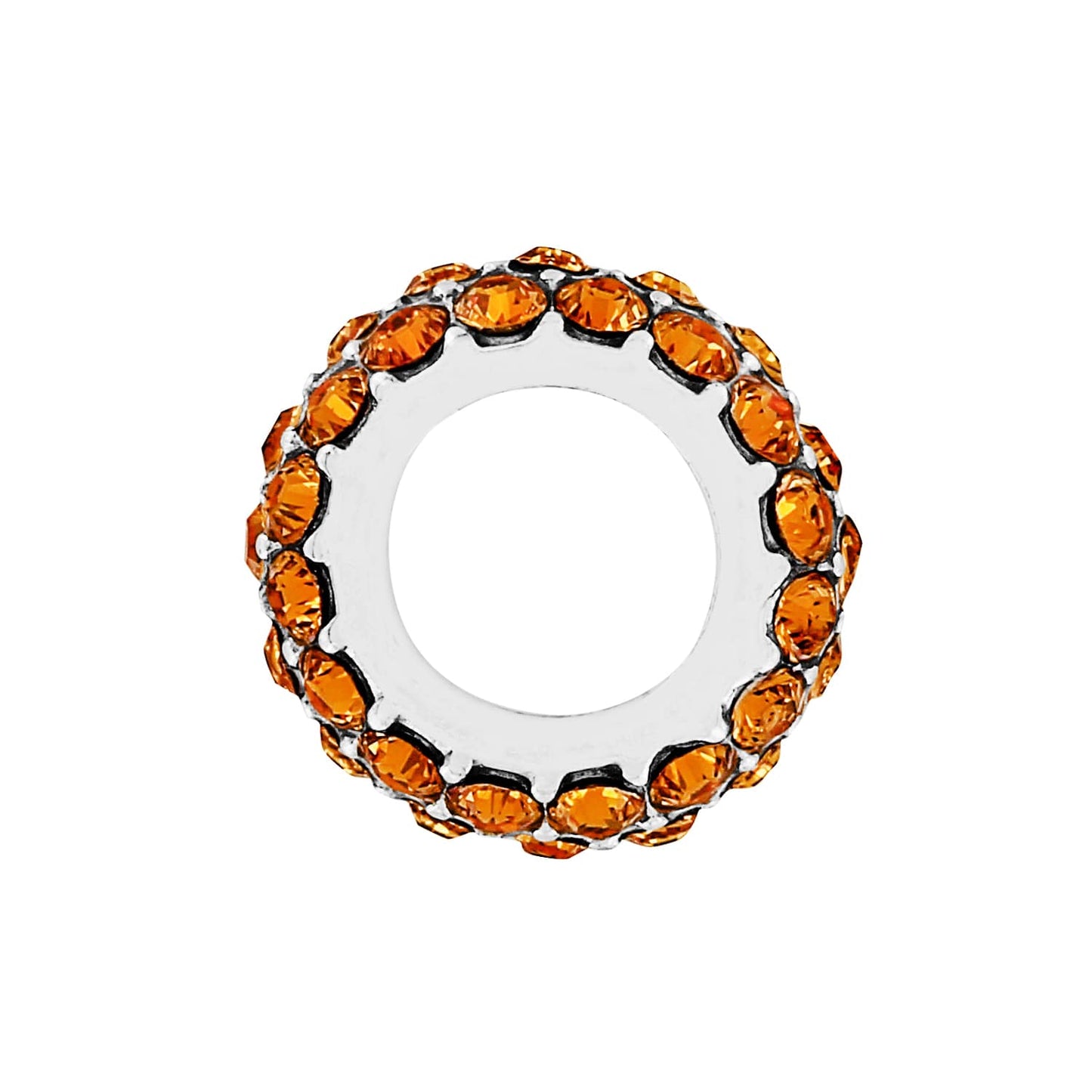 Brighton charm with orange crystals set around a silver-plated band on a white background