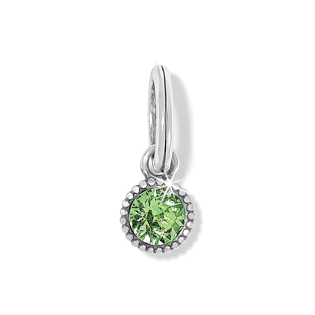 Brighton charm with round green crystal and beaded silver-tone border with split ring on a white background