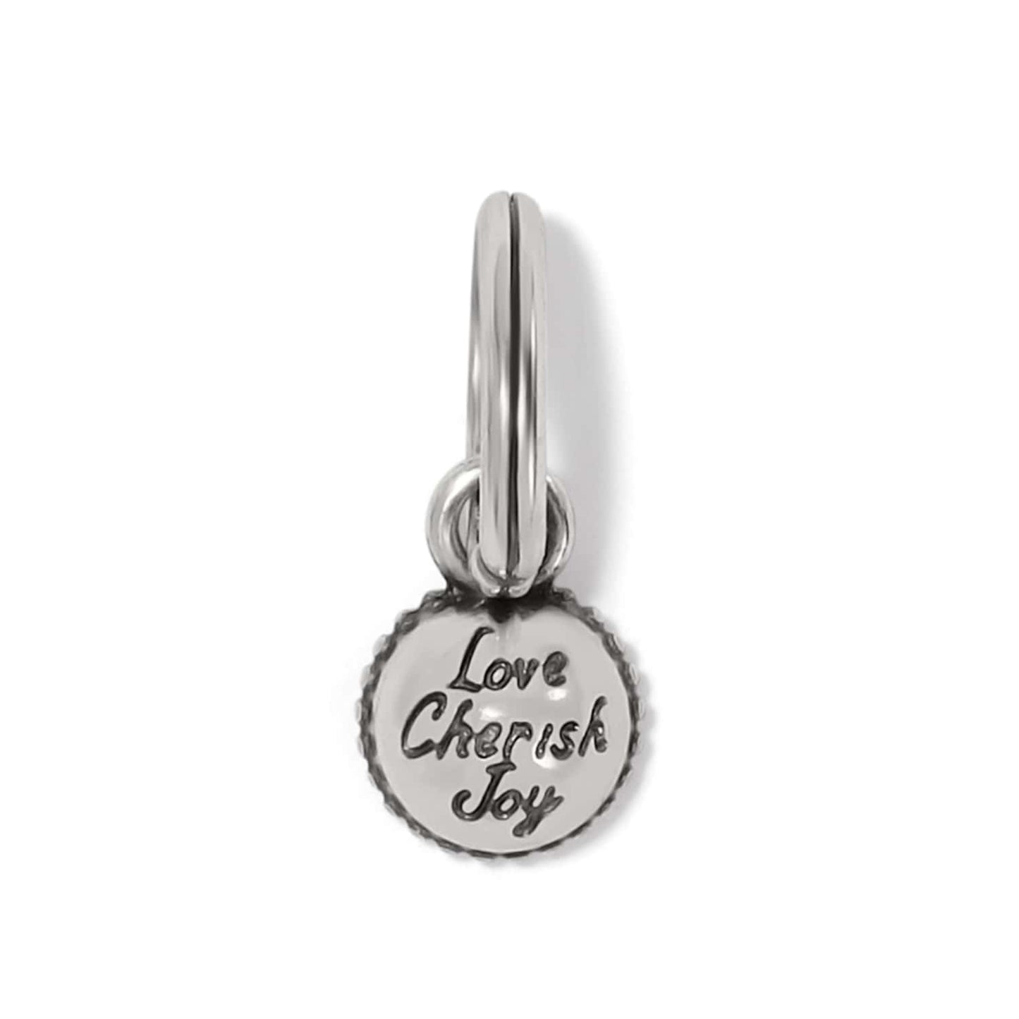Brighton round charm with silver-tone finish engraved with Love Cherish Joy and beaded edge on a white background