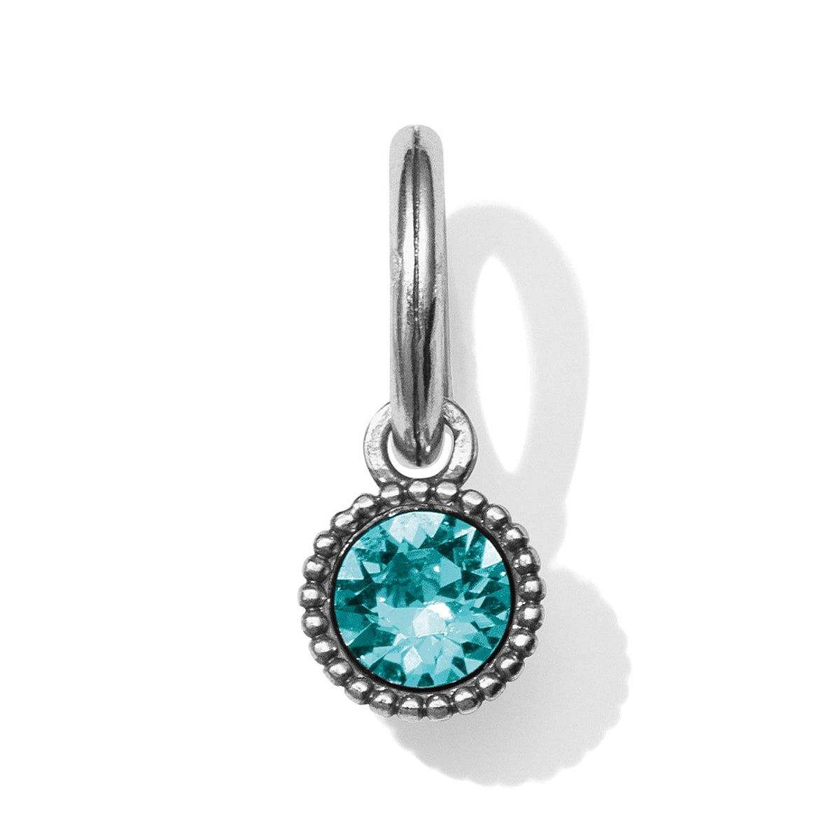 Brighton charm with round teal crystal and silver-tone beaded frame on hinged hoop on a white background