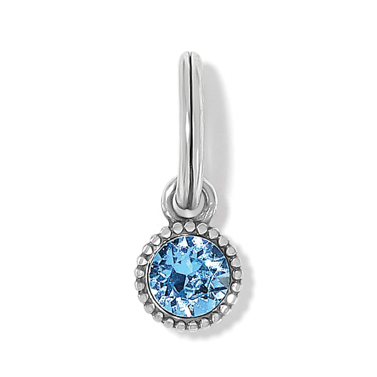 Brighton charm with round blue crystal and beaded silver-tone frame on split ring on a white background