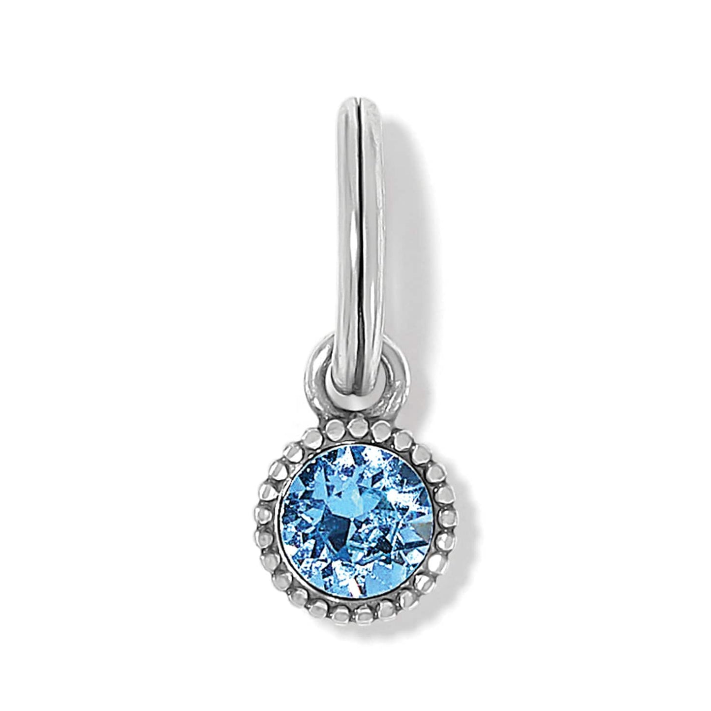 Brighton charm with round blue crystal and beaded silver-tone frame on split ring on a white background