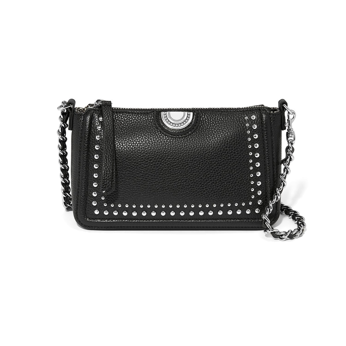 Brighton black pebbled leather crossbody handbag with silver-tone studs, medallion accent, and chain strap on a white background