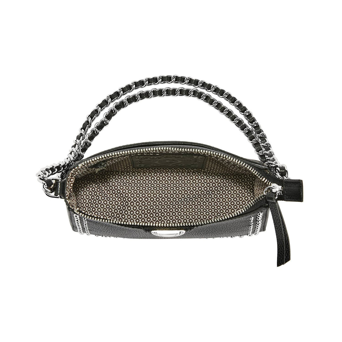 Brighton black handbag shown open with patterned interior lining and silver-tone chain handle on a white background