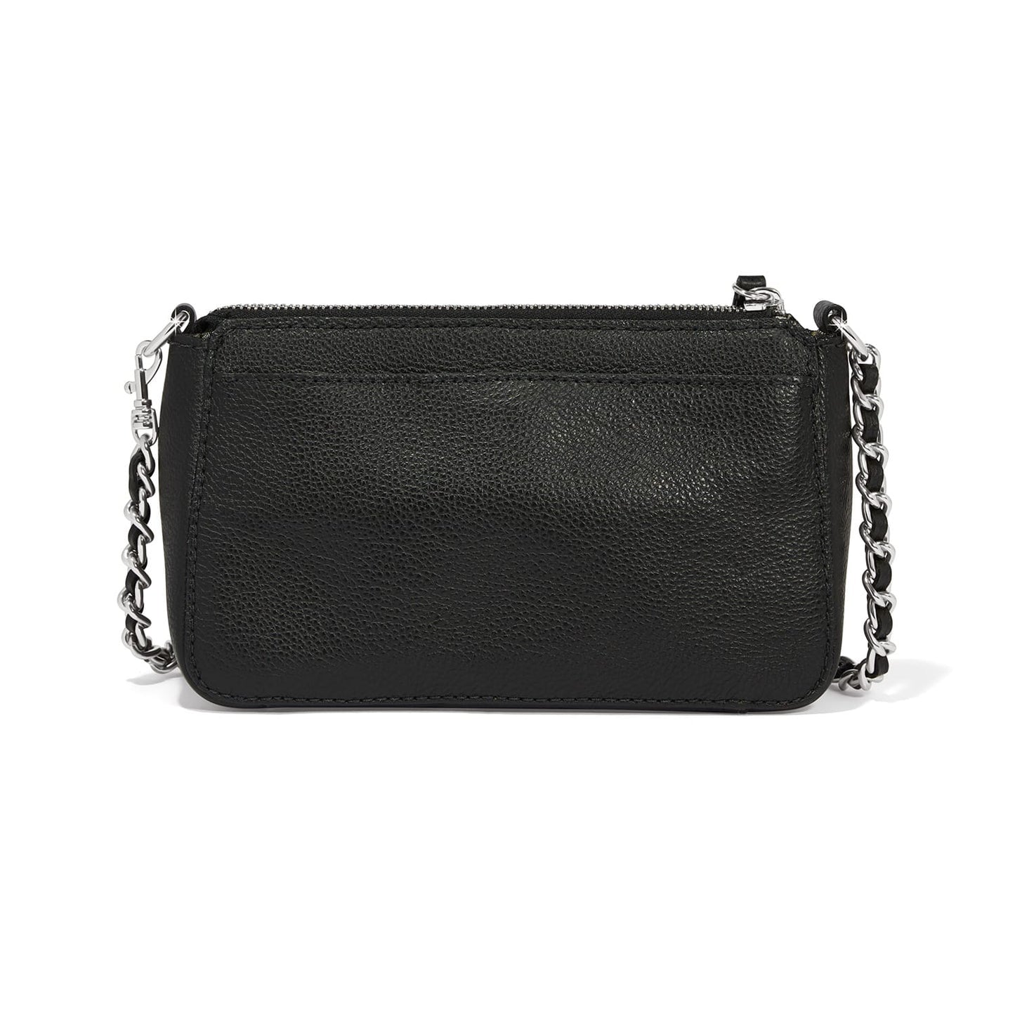 Brighton black pebbled leather crossbody handbag shown from the back with silver-tone chain strap on a white background