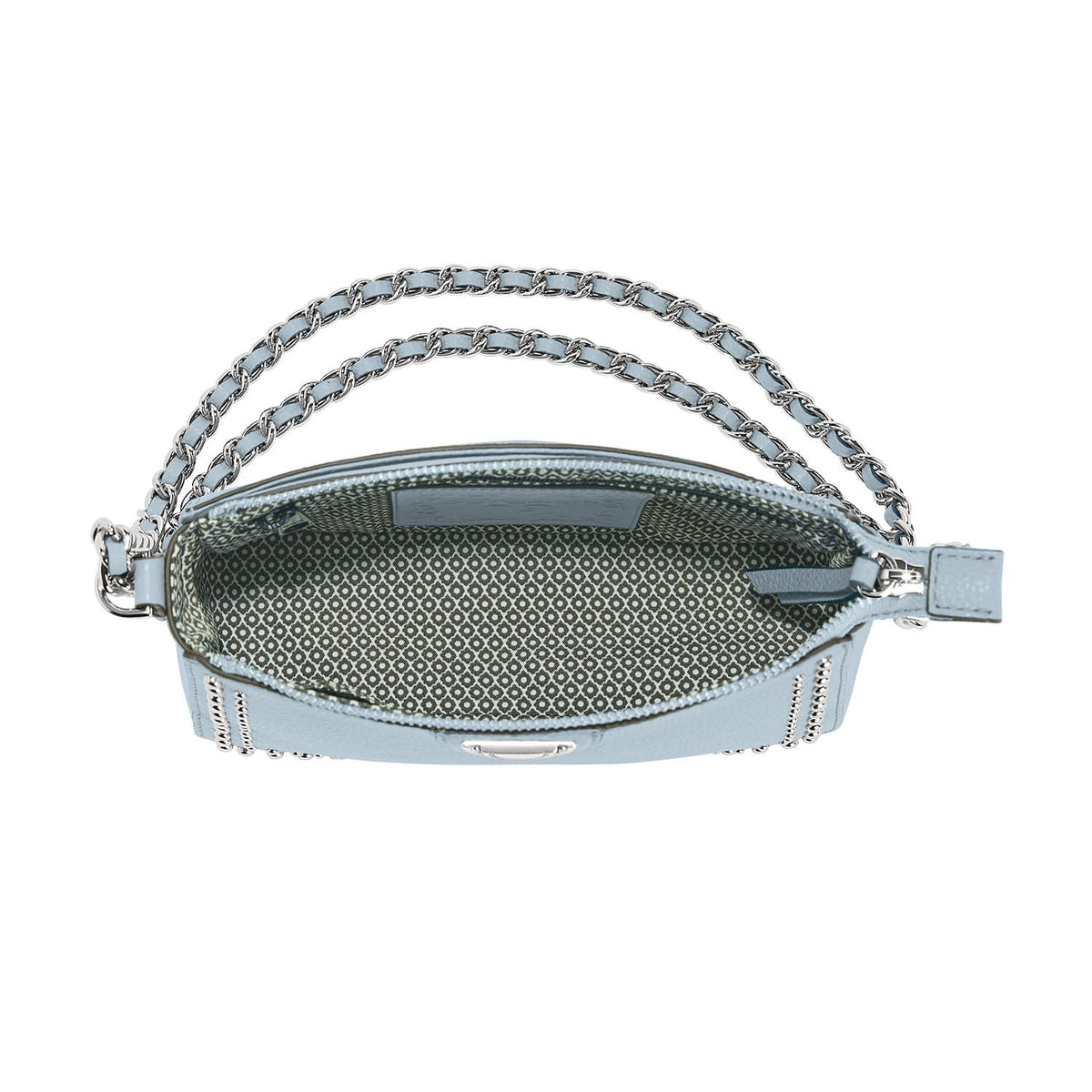 Brighton light blue handbag shown open with patterned interior lining and silver-tone chain strap on a white background
