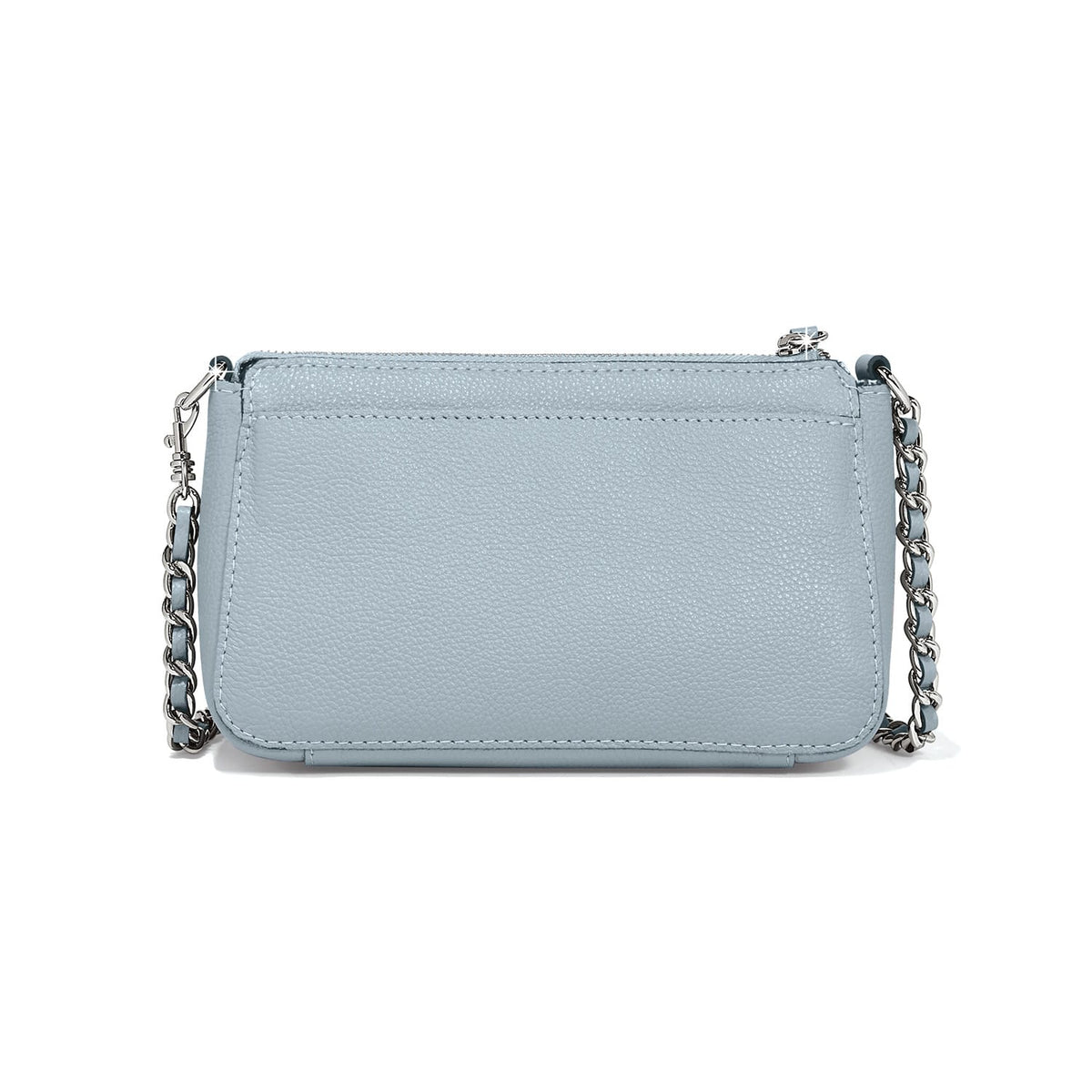 Brighton crossbody handbag shown from the back in light blue pebbled leather with silver-tone chain strap on a white background