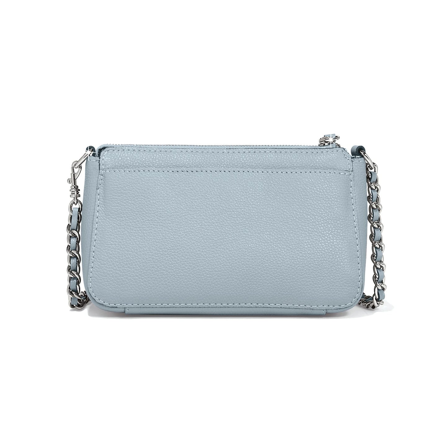 Brighton crossbody handbag shown from the back in light blue pebbled leather with silver-tone chain strap on a white background
