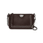 Brighton dark brown leather crossbody handbag with silver-tone studs and braided chain strap on a white background