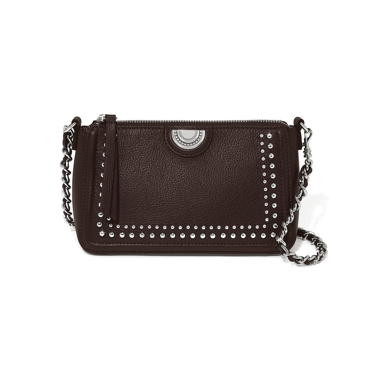Brighton dark brown leather crossbody handbag with silver-tone studs and braided chain strap on a white background