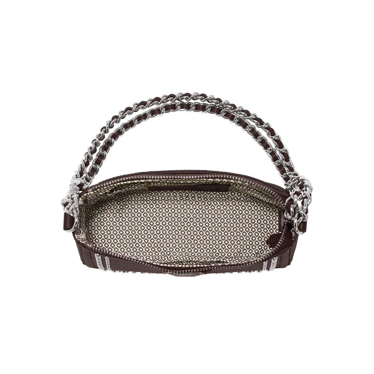 Brighton brown leather handbag shown open with patterned interior lining and silver-tone chain handle on a white background