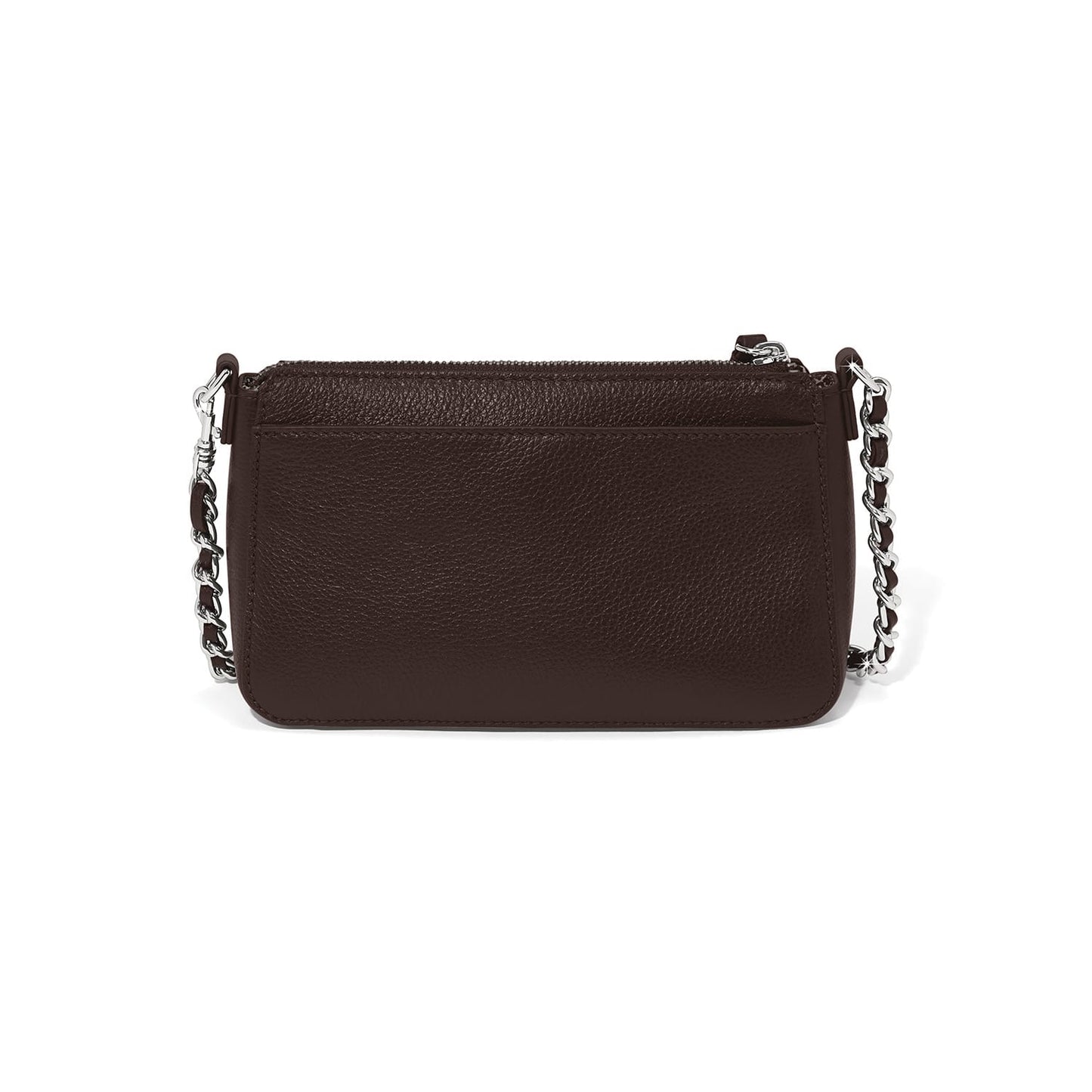 Brighton handbag shown from the back in dark brown pebbled leather with silver-tone chain strap on a white background