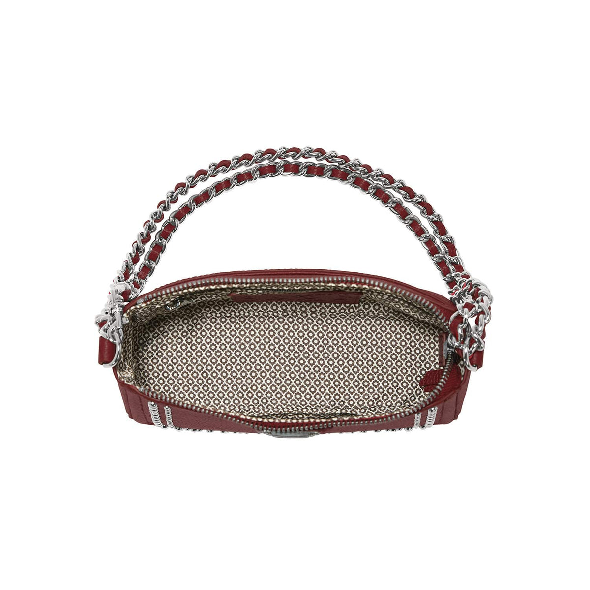 Brighton red leather handbag shown open with patterned interior lining and silver-tone chain handle on a white background