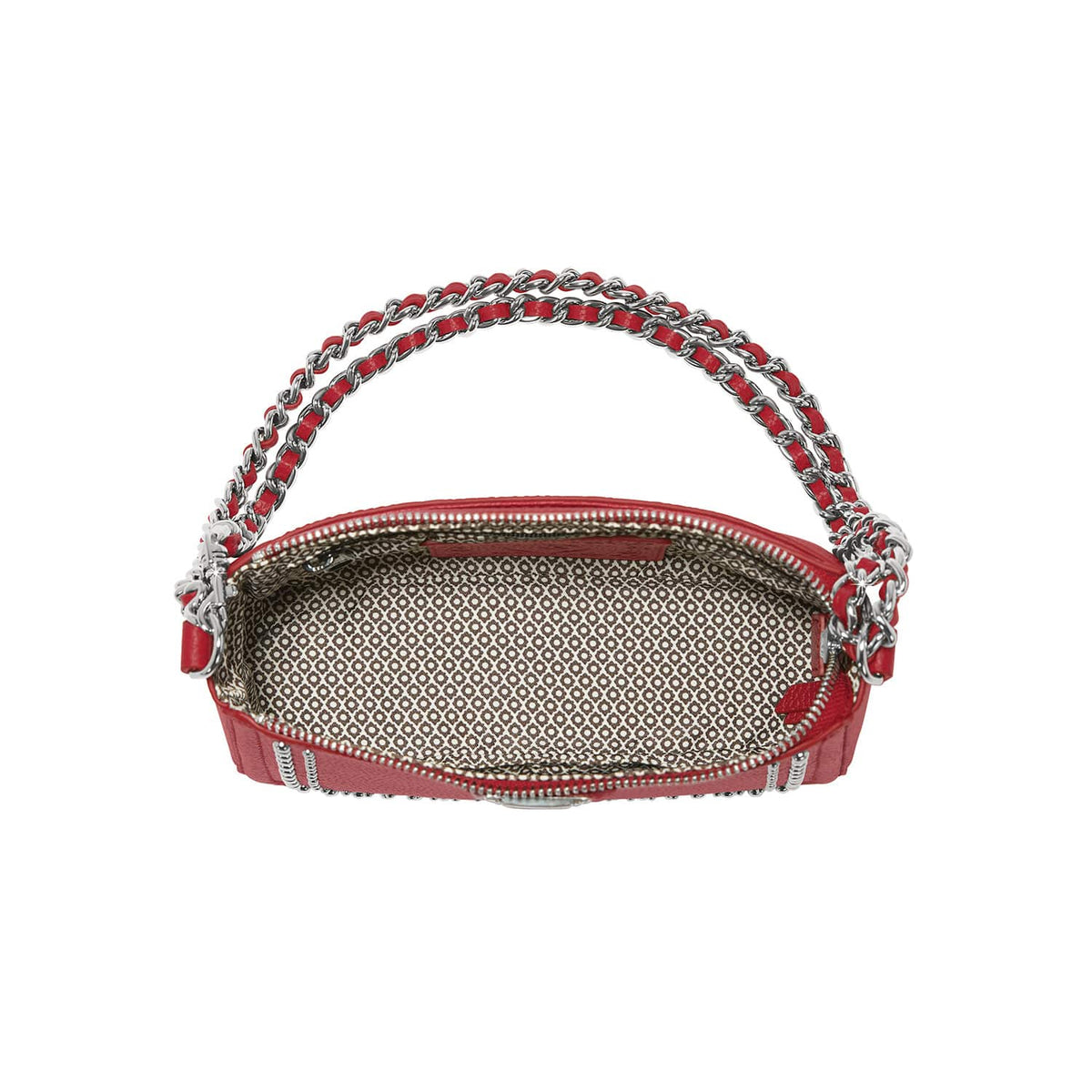 Brighton red handbag shown open with patterned fabric interior and silver-tone chain handle woven with leather on a white background