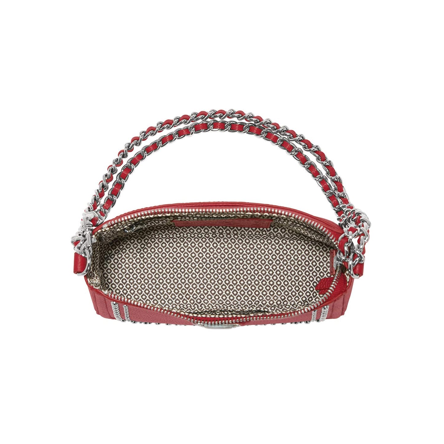 Brighton red handbag shown open with patterned fabric interior and silver-tone chain handle woven with leather on a white background